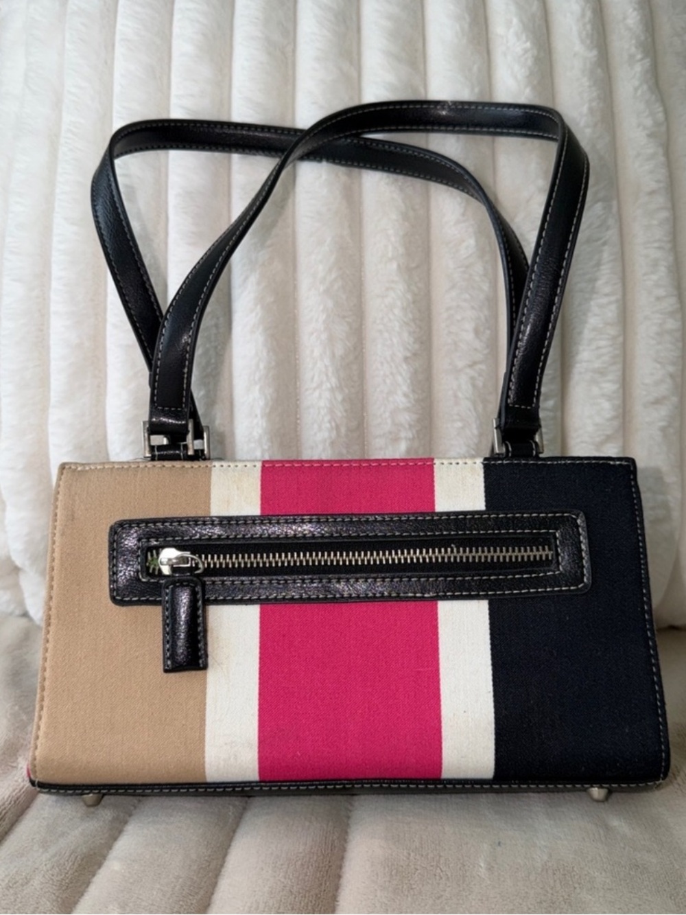 Vintage Kate Spade NY Colorblock Canvas Shoulder Bag Black, Cream & Pink - Picture 3 of 6